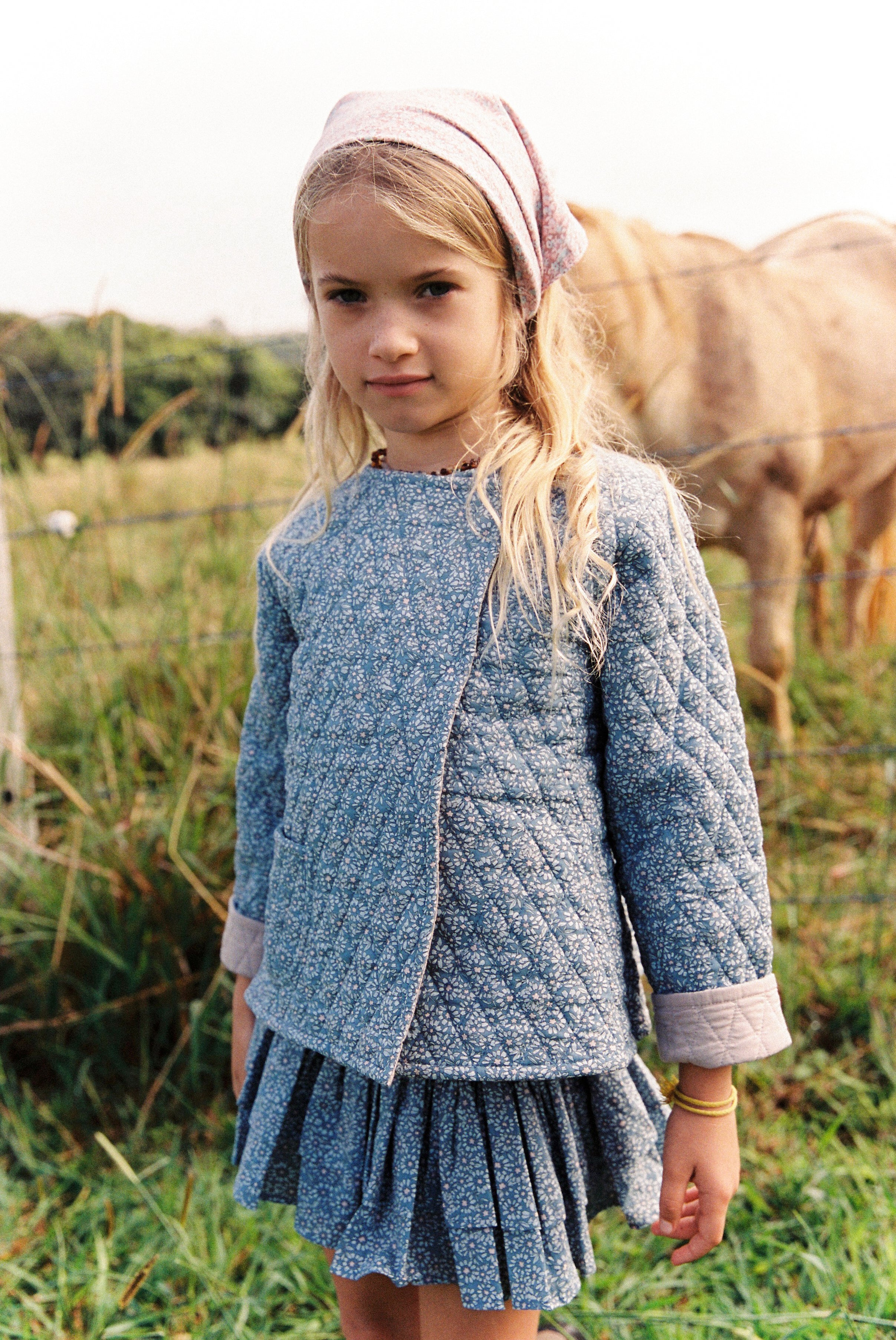 Quilted Jacket in Ocean Blue Cotton Buds - printebebe.com