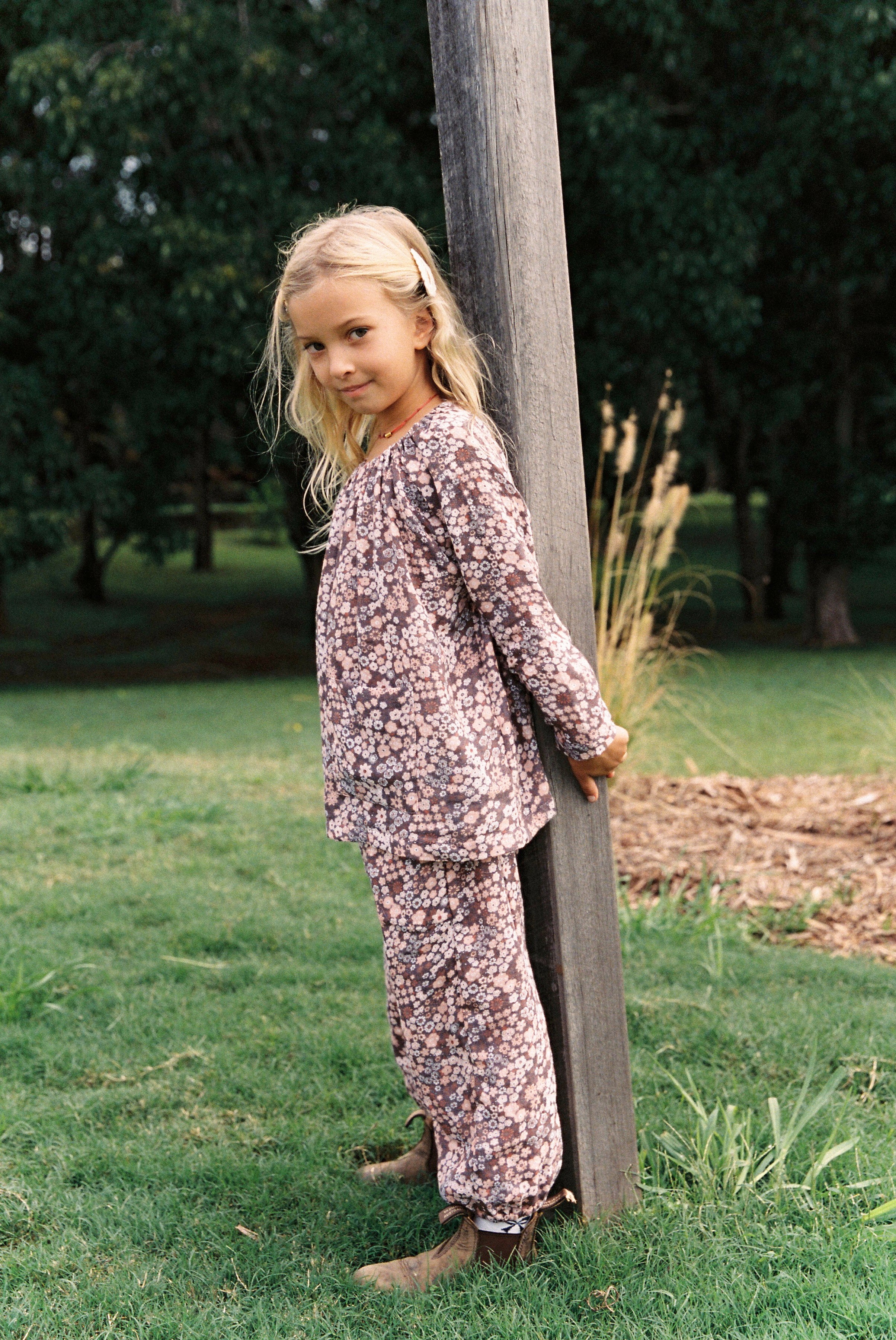 Pocket Smock Top with Burgundy Japan Flower